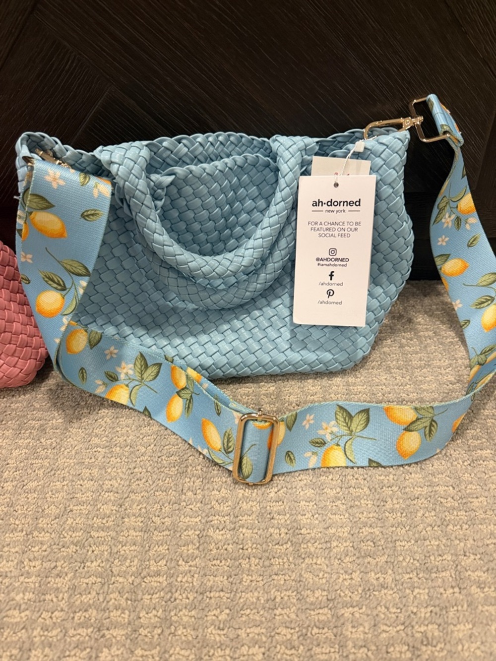 Ahdorned Sky Blue Woven Crossbody Bag with Lemon Strap